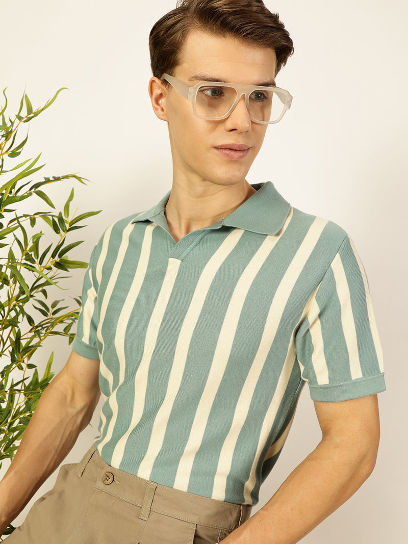 Thomas Scott Men Teal Bio Finish Striped Polo Collar Cotton T-shirt