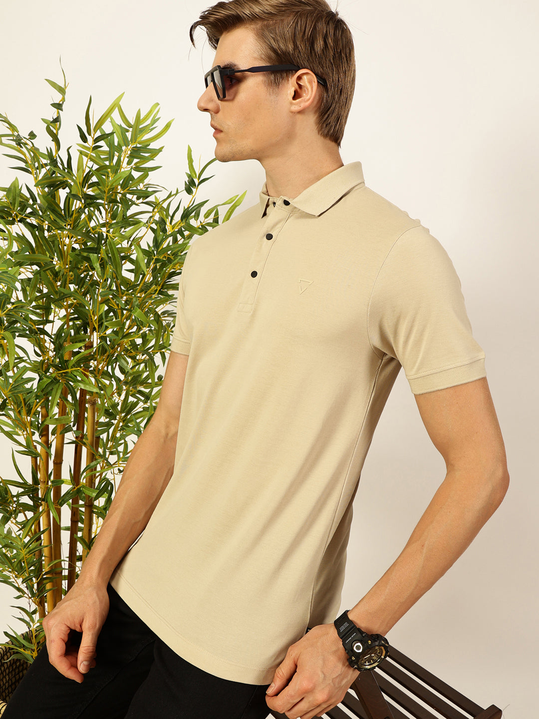 Thomas Scott Men Cream Solid Polo Collar Cotton T-shirt