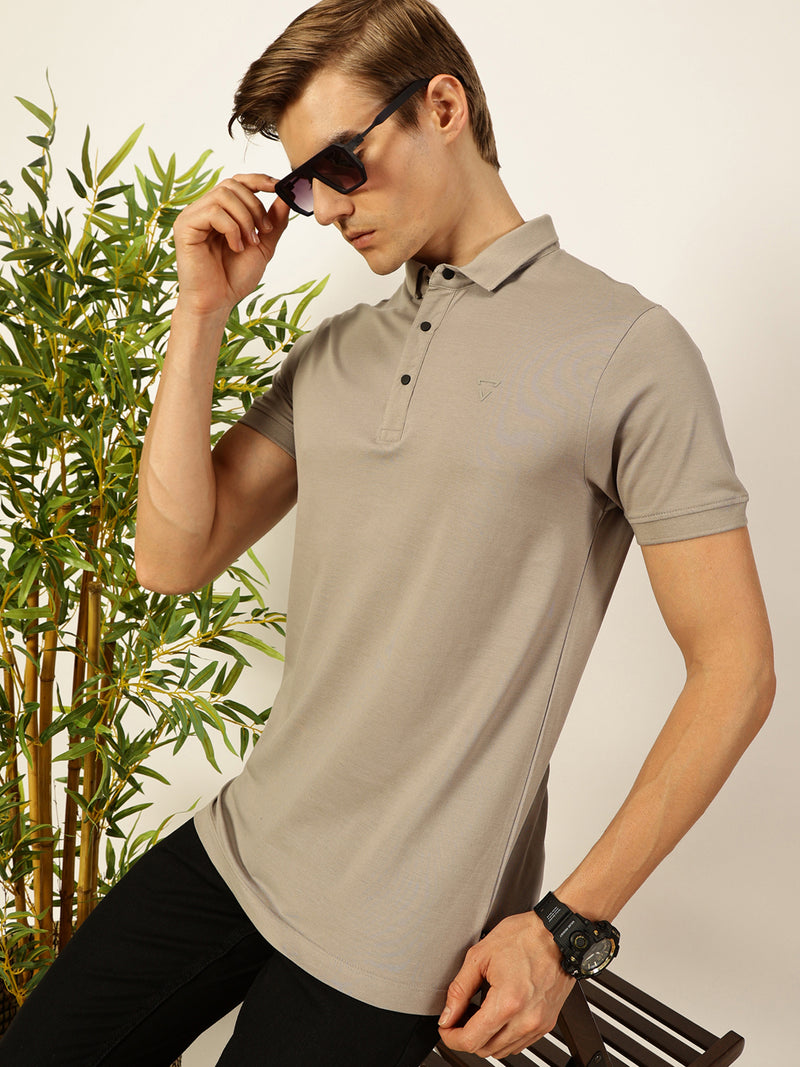 Thomas Scott Men Grey Solid Polo Collar Cotton T-shirt