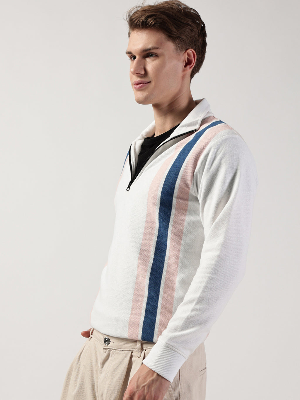 White Striped High Neck Tshirt For Men