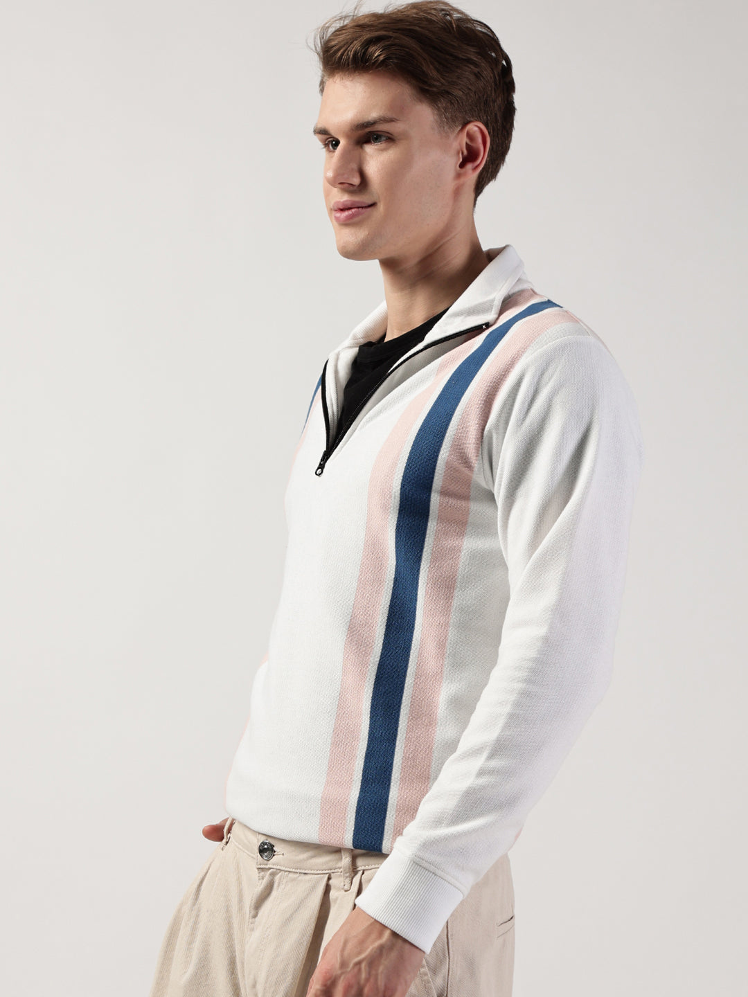 White Striped High Neck Tshirt For Men