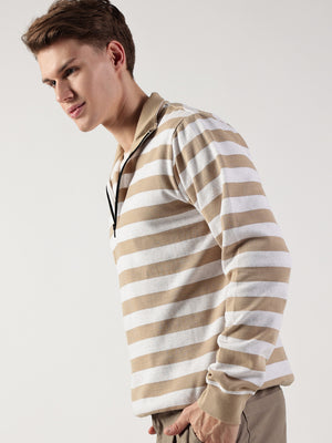 Beige Striped High Neck Tshirt For Men