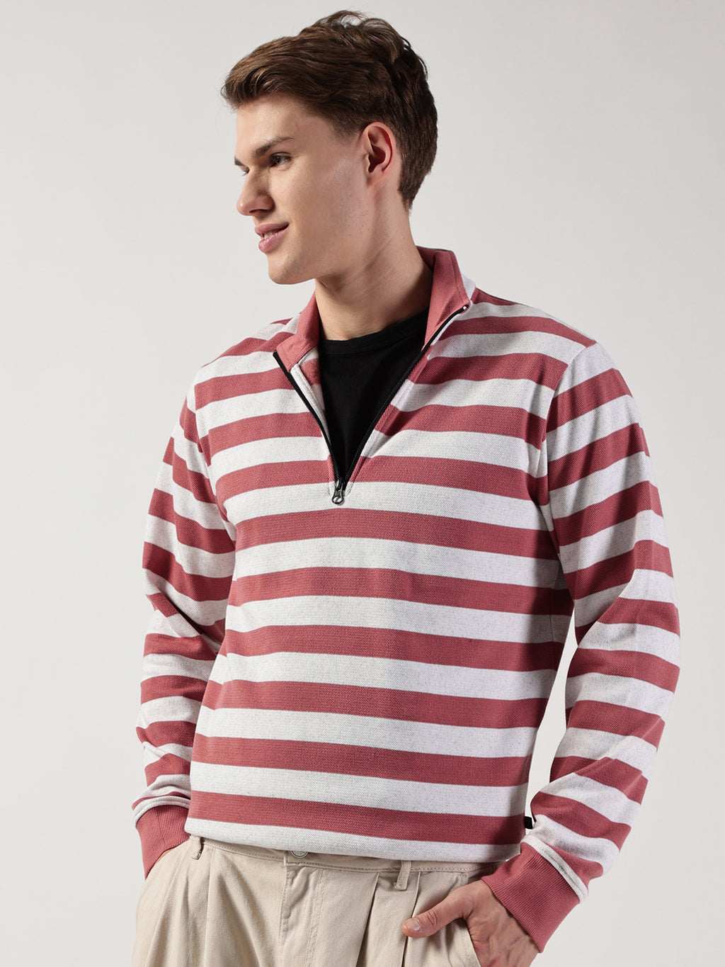 Pink Striped High Neck Tshirt For Men
