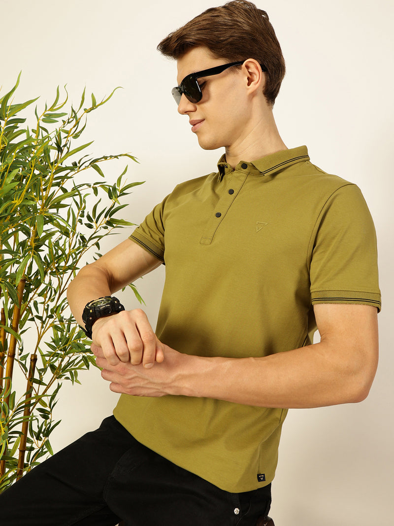 Thomas Scott Men Olive Solid Polo Collar Cotton T-shirt
