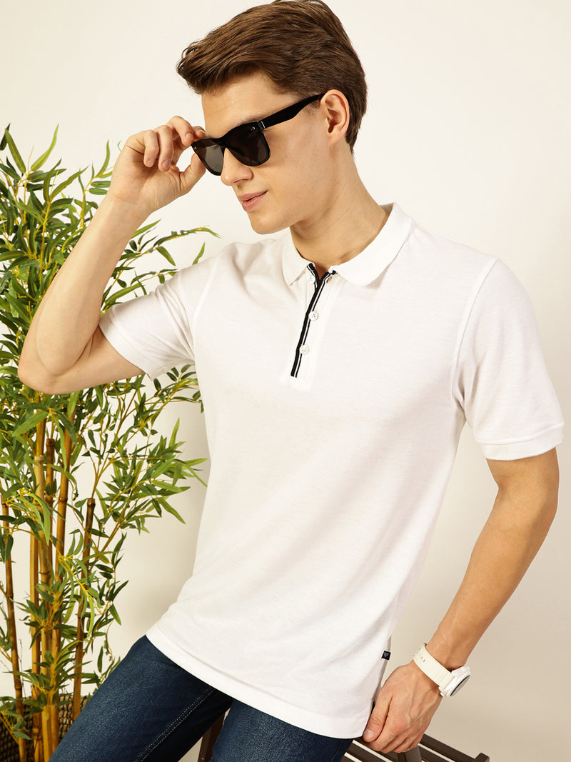 Thomas Scott Men White Regular Fit Short Sleeves Solid Polo Collar Knit Tshirt