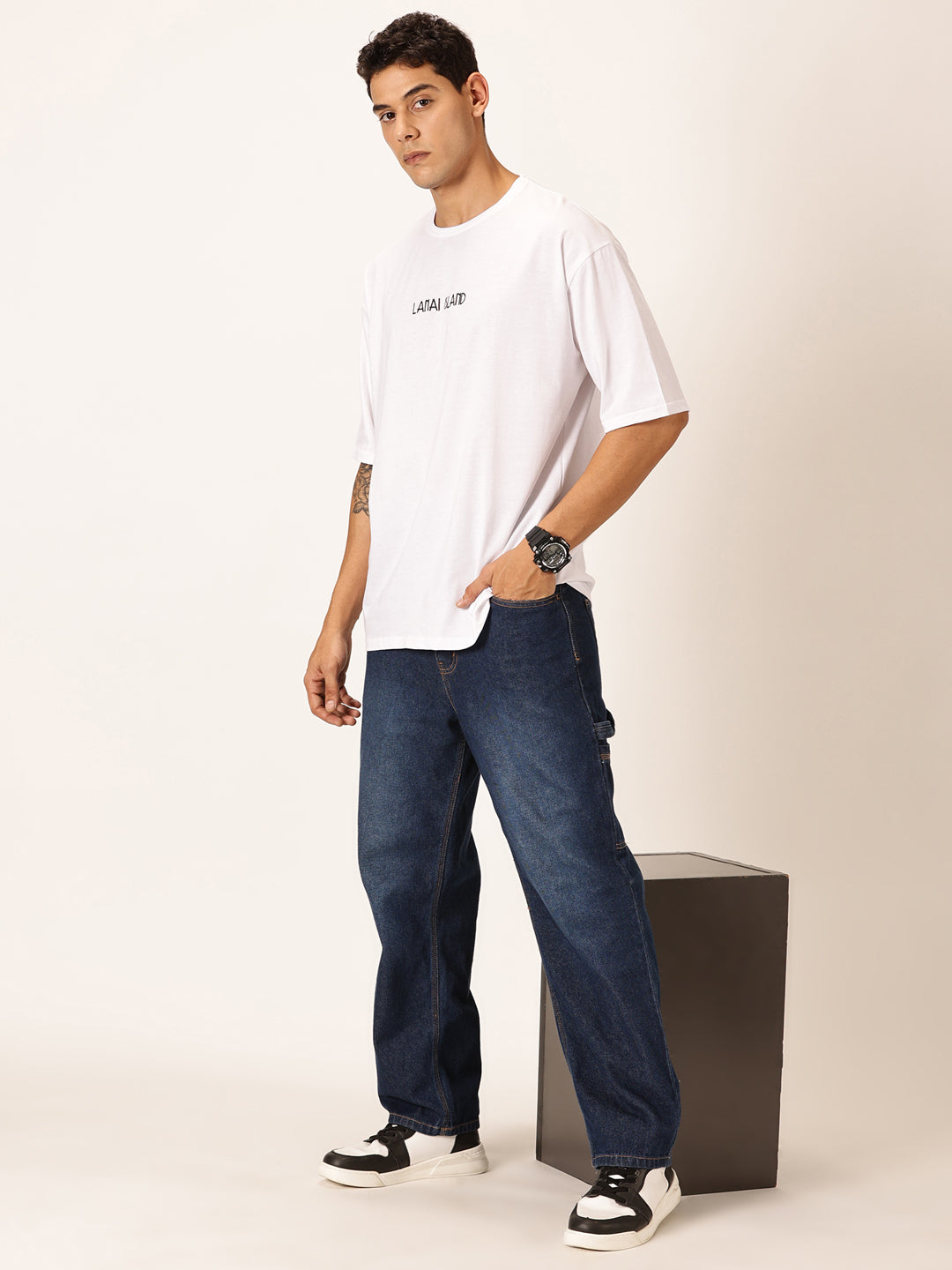 Thomas Scott Men Round Neck Typography Printed Short Sleeves Cotton Oversized T-shirt