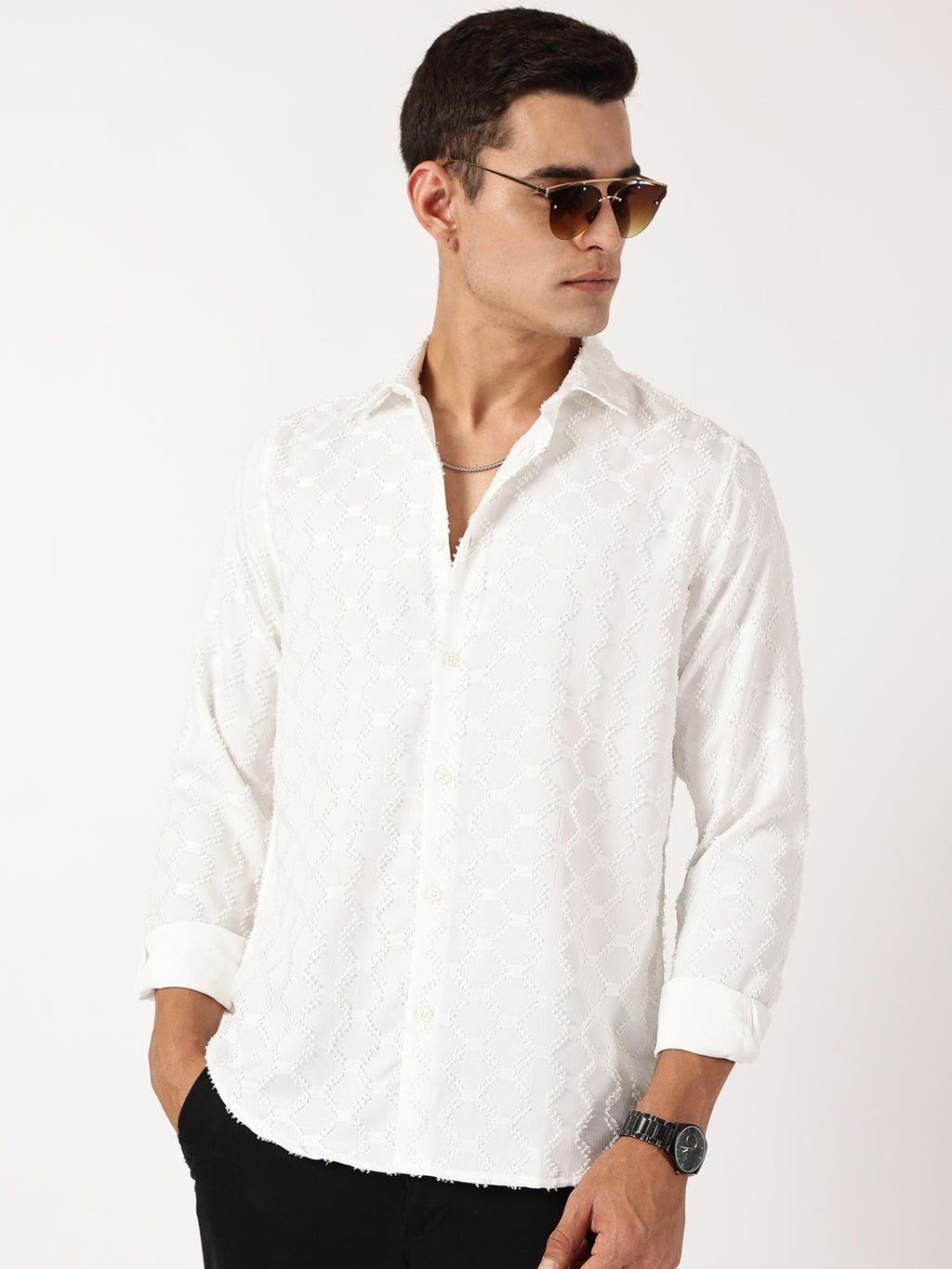 Thomas Scott Men White Premium Textured Casual Shirt