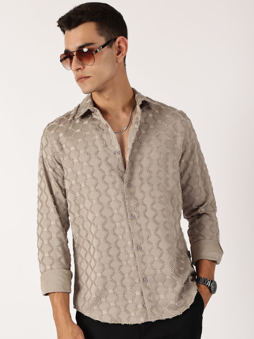 Thomas Scott Men Beige Premium Textured Casual Shirt