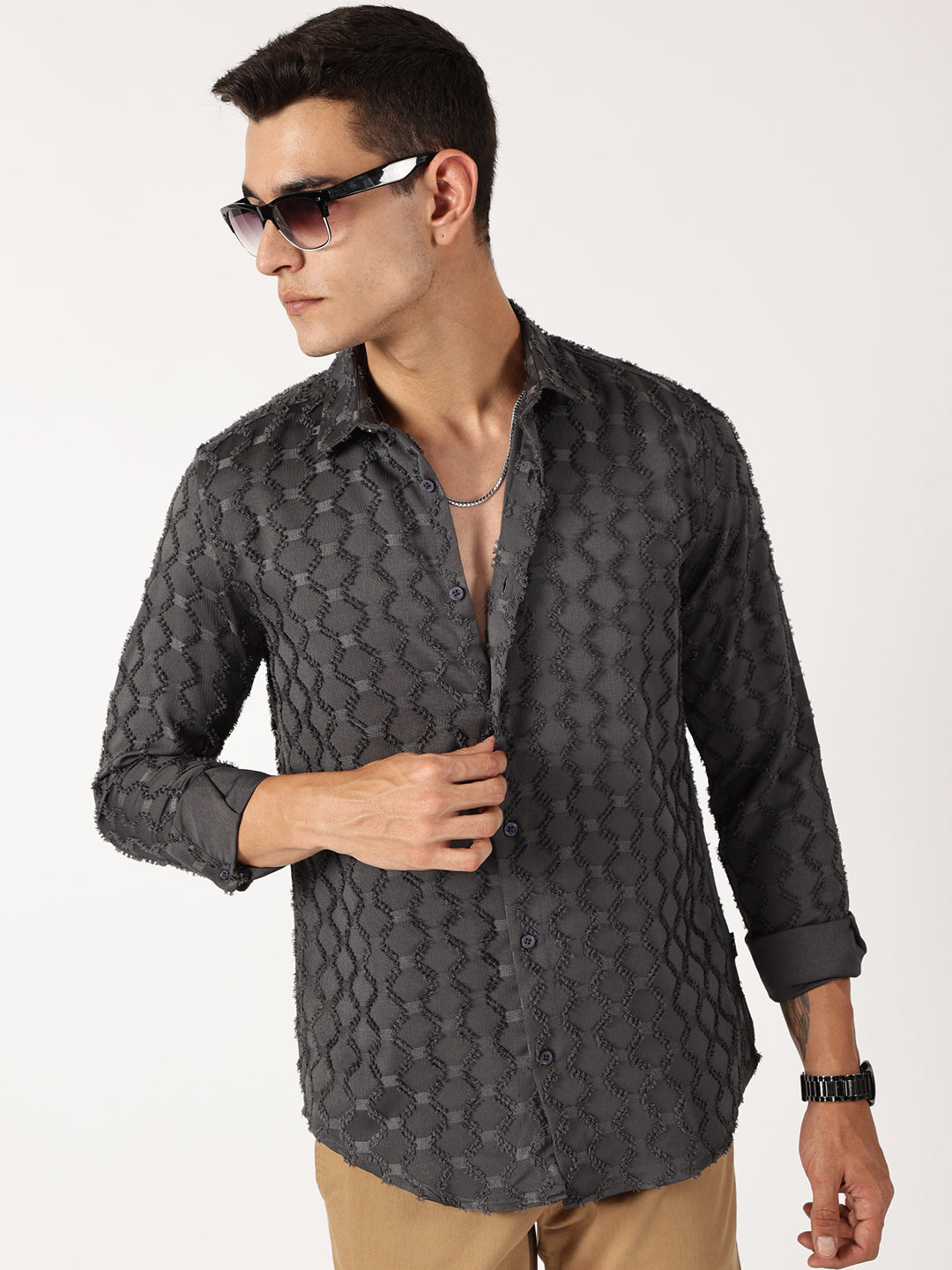 Thomas Scott Men Grey Premium Textured Casual Shirt