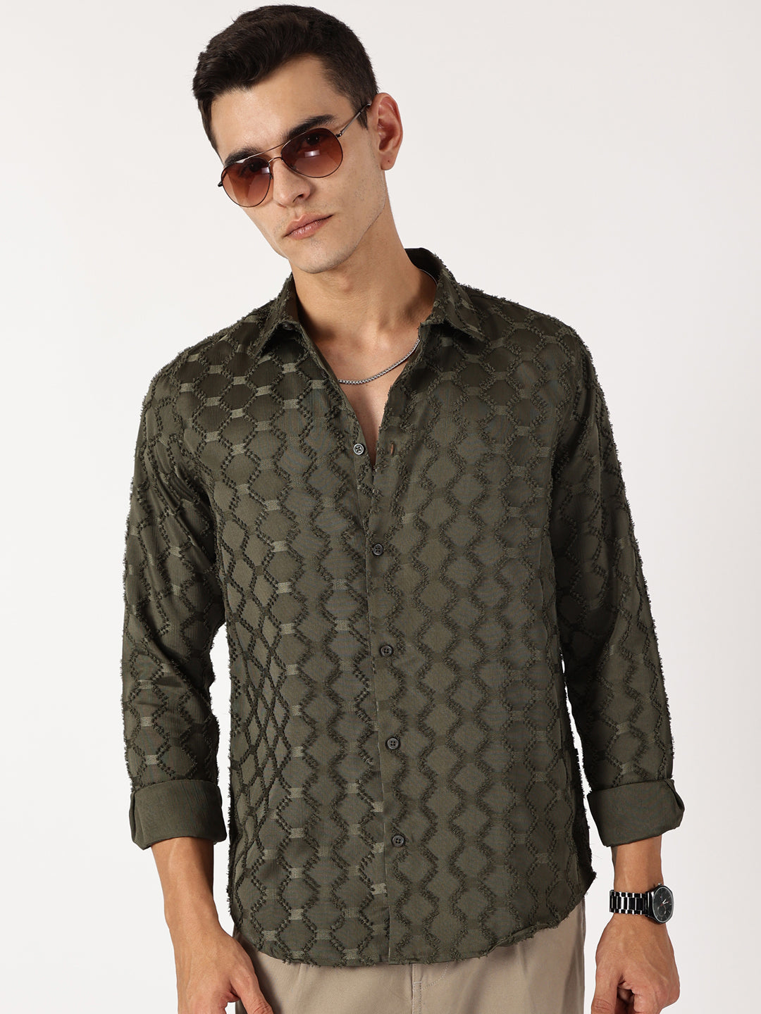Thomas Scott Men Olive Premium Textured Casual Shirt