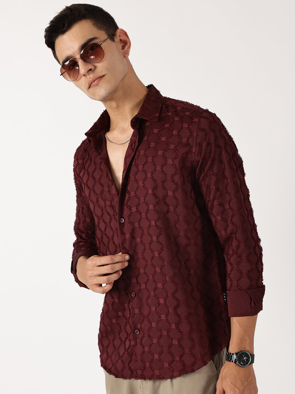 Thomas Scott Men Wine Premium Textured Casual Shirt