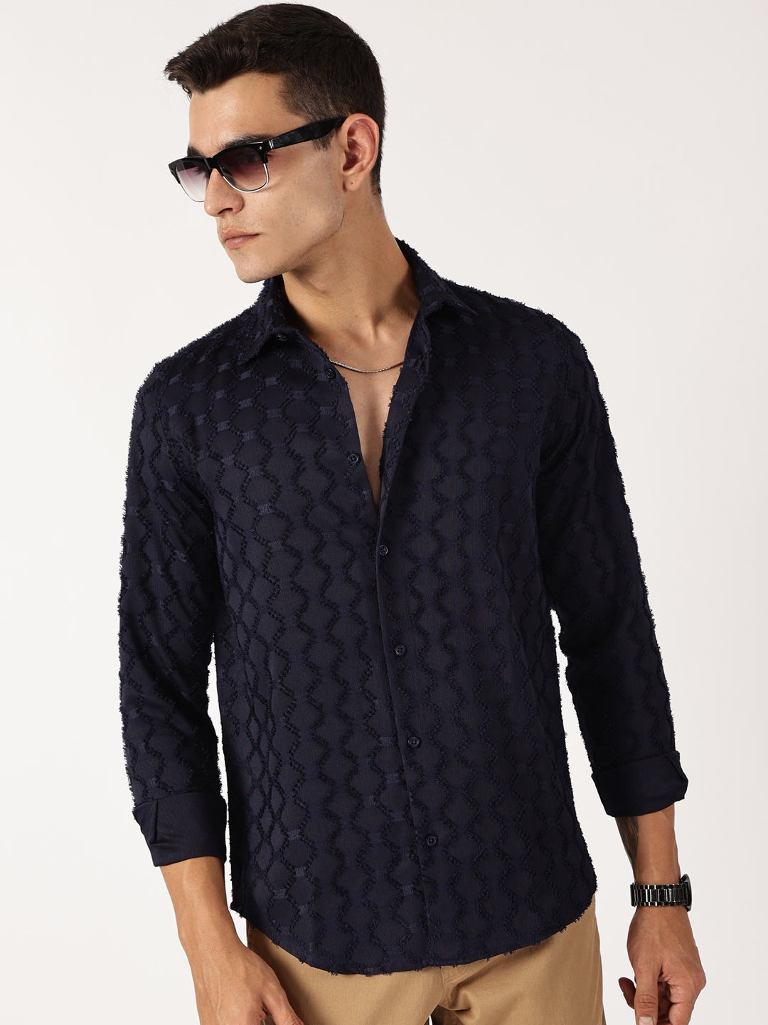 Thomas Scott Men Navy Premium Textured Casual Shirt