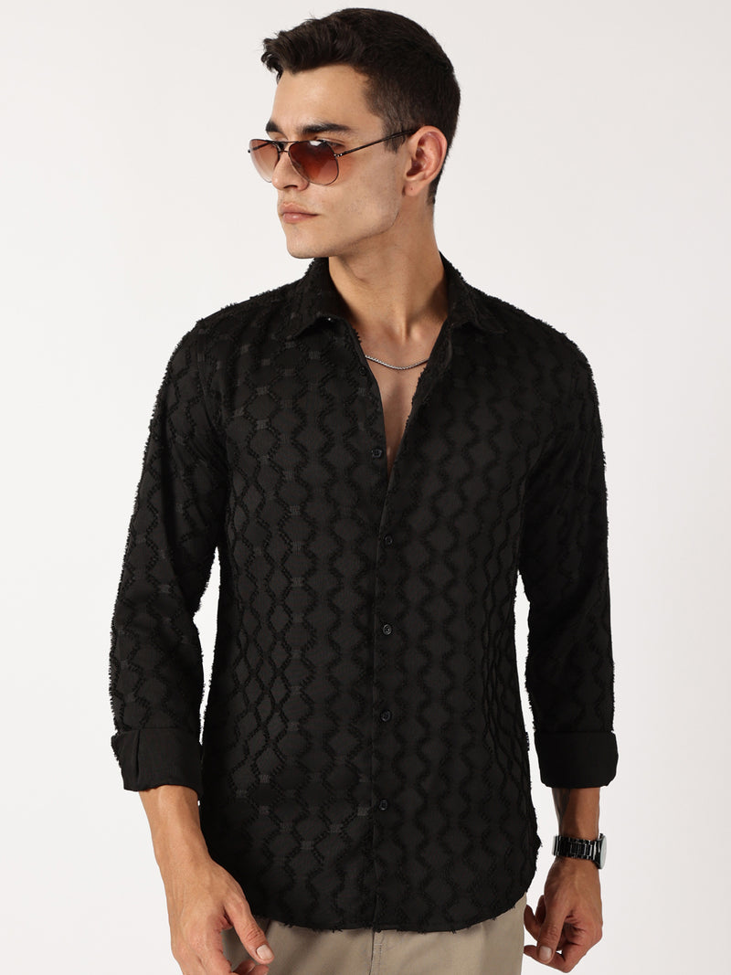 Thomas Scott Men Black Premium Textured Casual Shirt