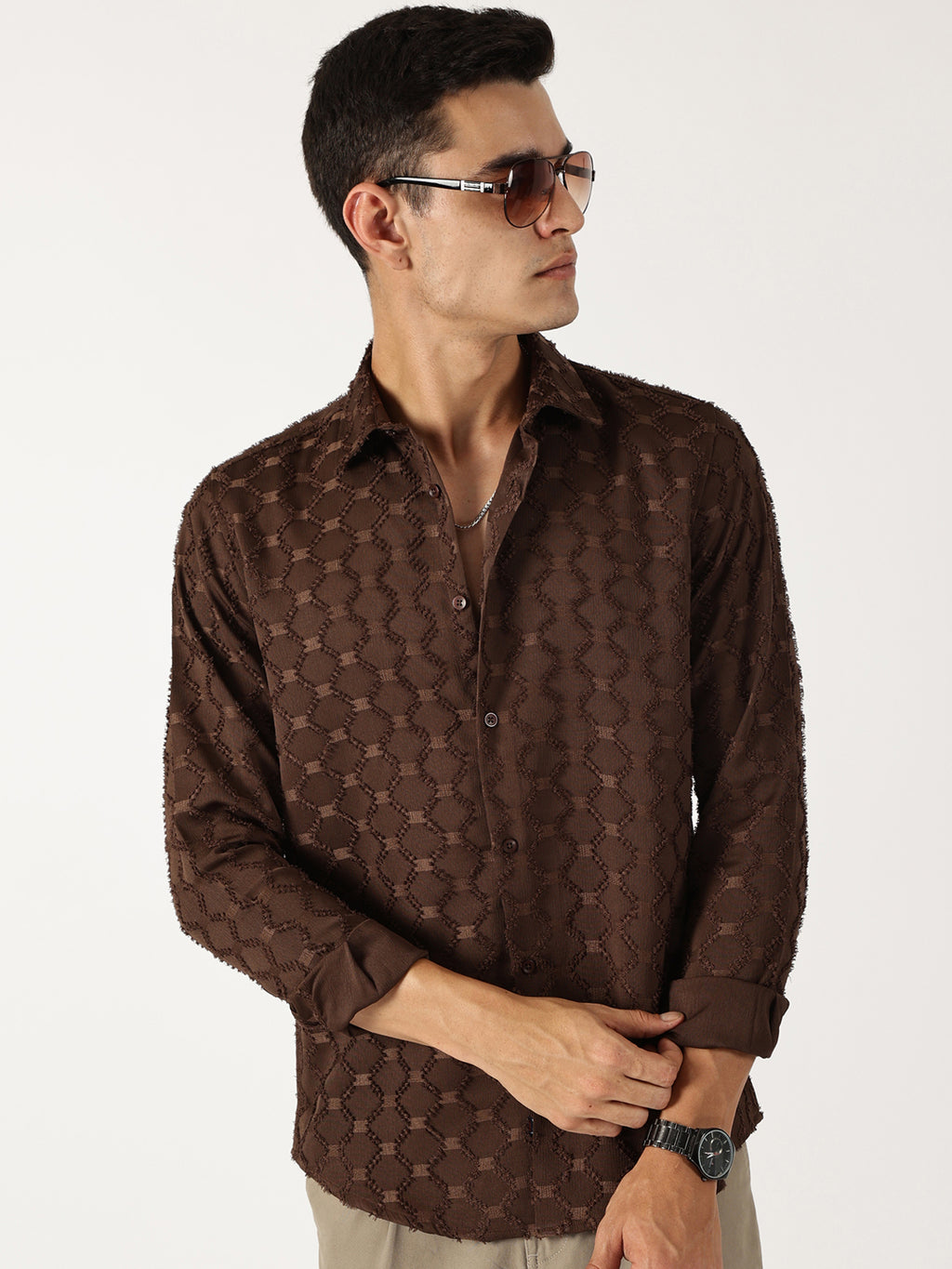 Thomas Scott Men Brown Premium Textured Casual Shirt