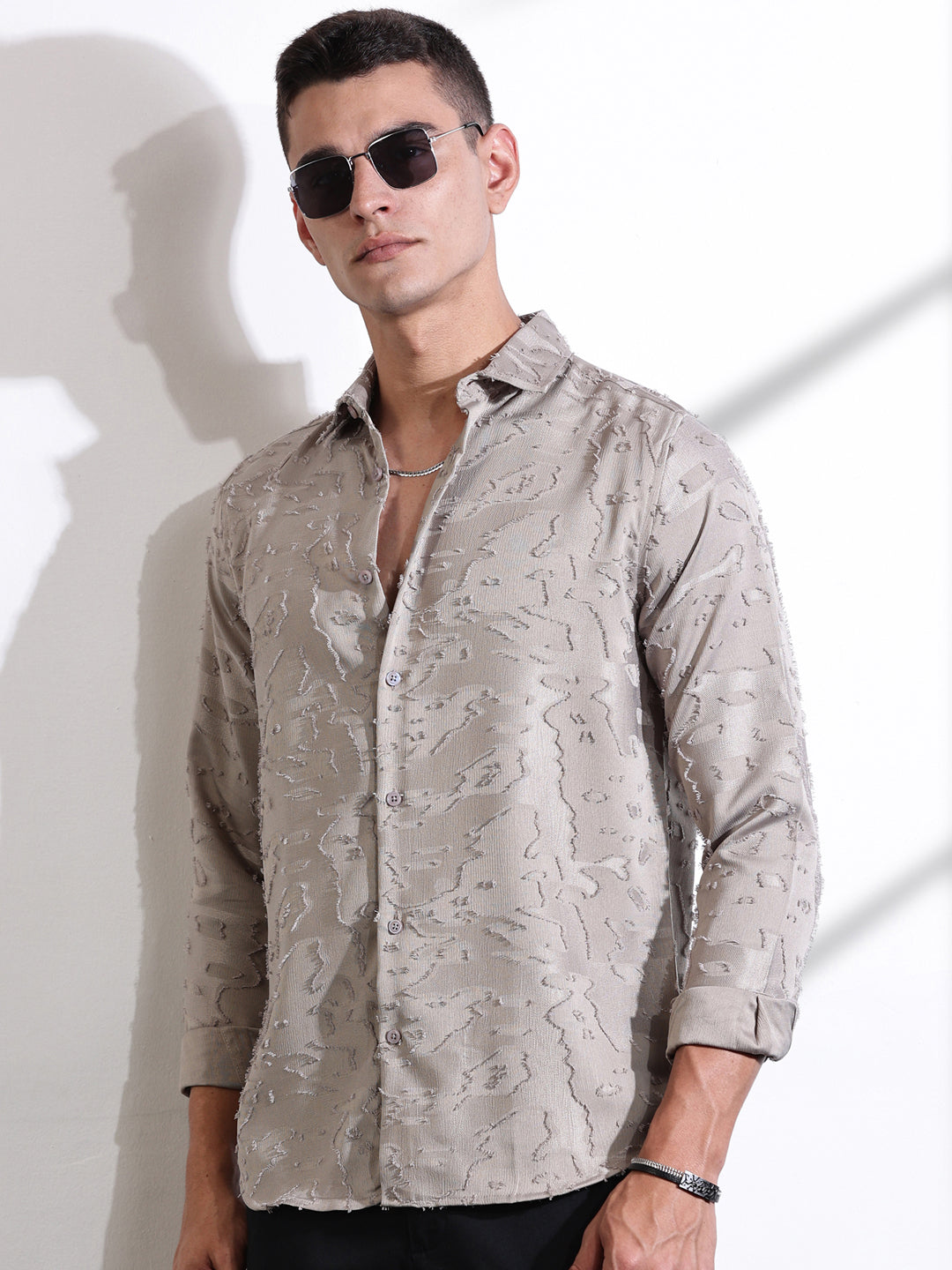 Thomas Scott Men Beige Premium Slim Fit Textured Casual Shirt