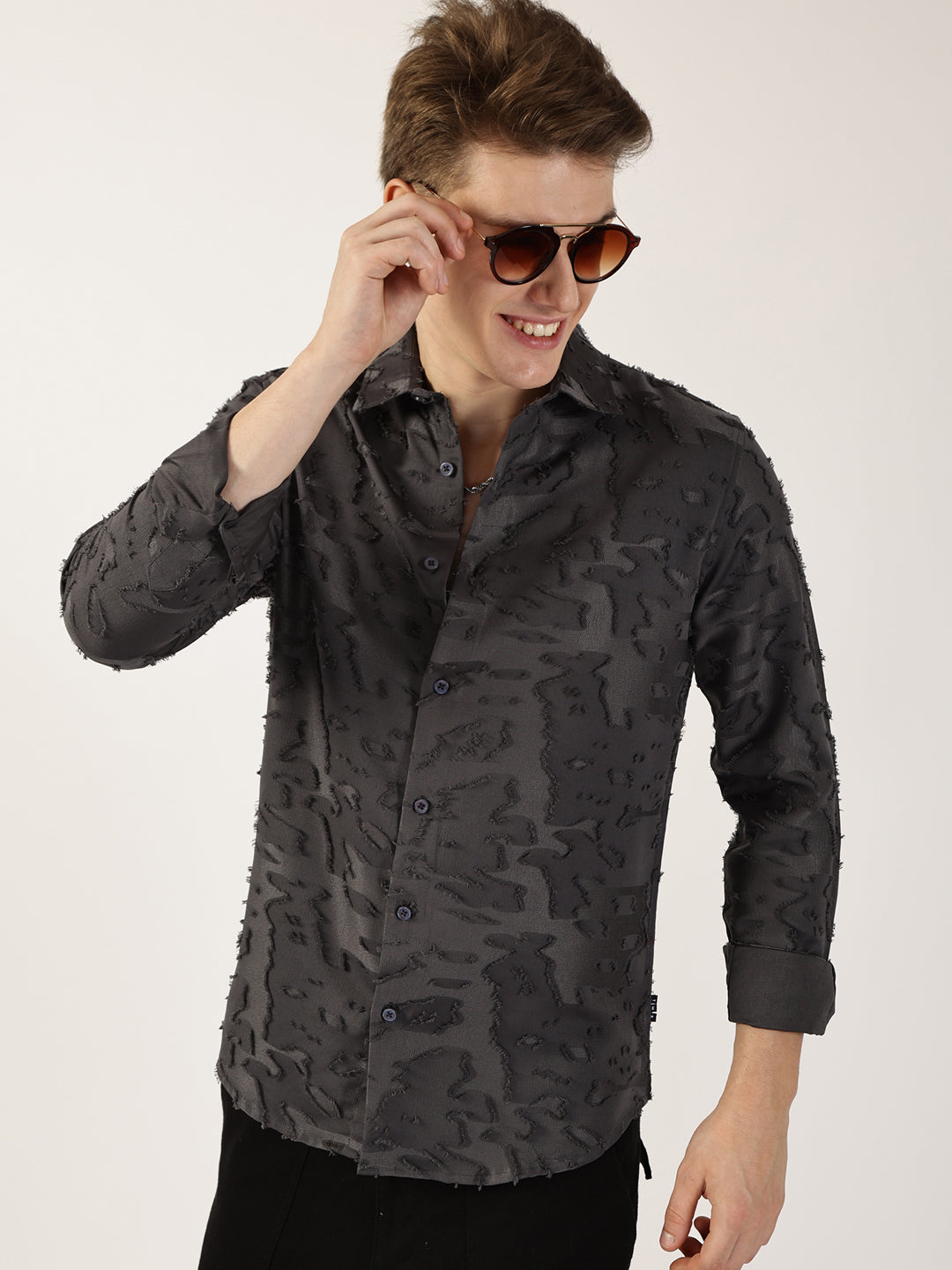 Thomas Scott Men Grey Premium Slim Fit Textured Casual Shirt