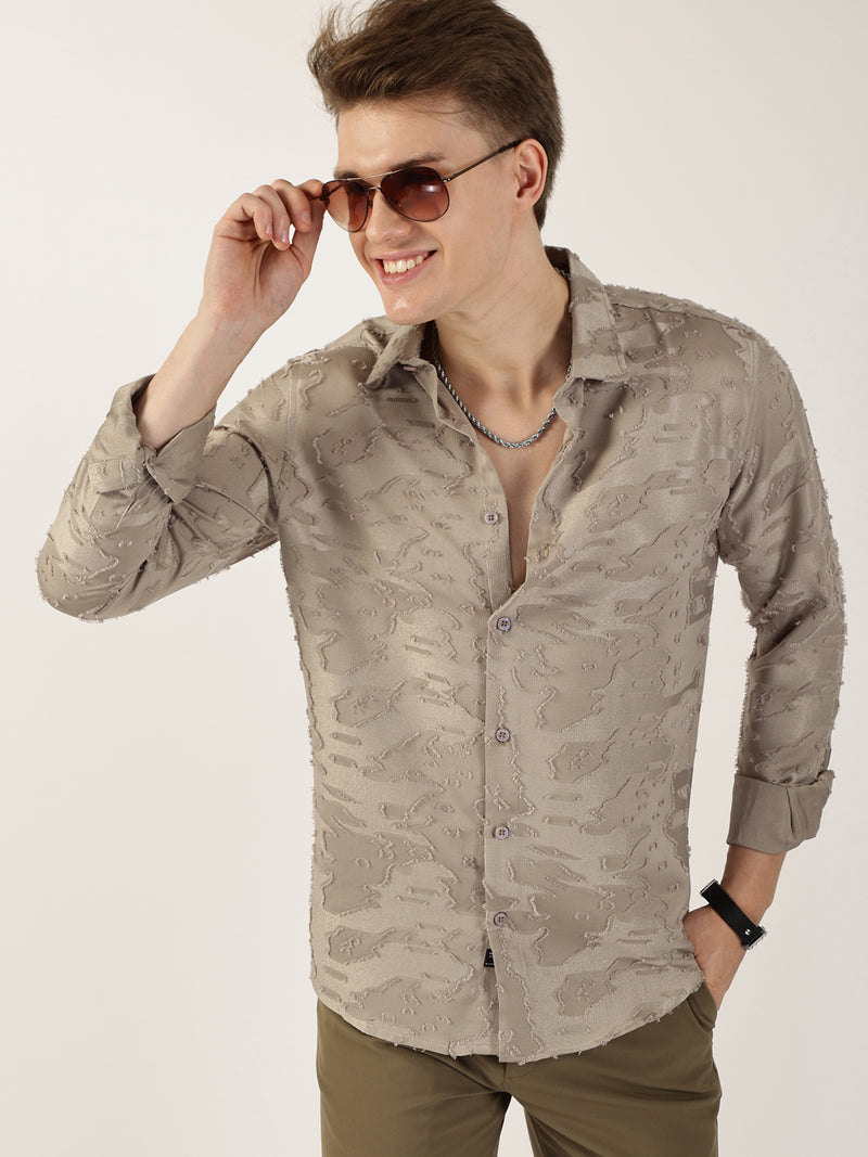 Thomas Scott Men Olive Premium Slim Fit Textured Casual Shirt