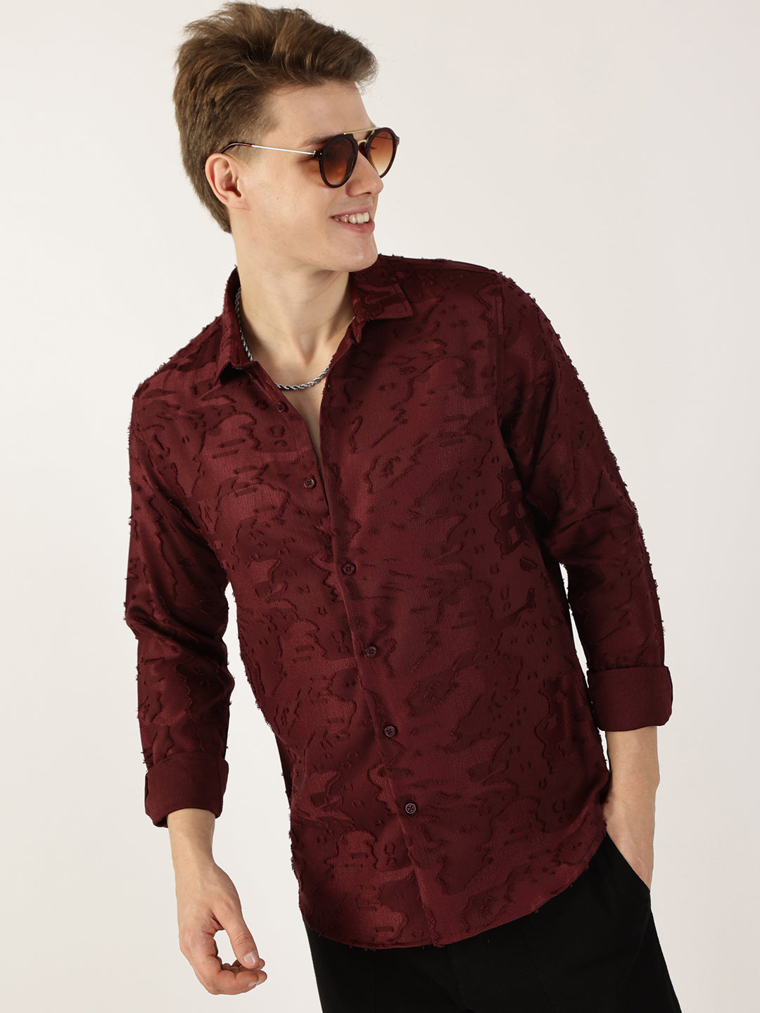 Thomas Scott Men Wine Premium Slim Fit Textured Casual Shirt