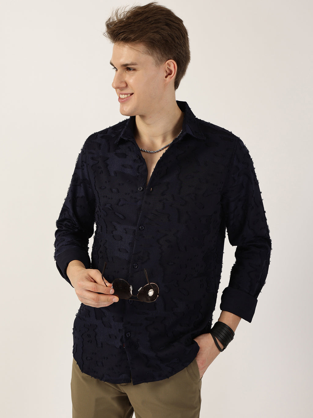 Thomas Scott Men Navy Premium Slim Fit Textured Casual Shirt