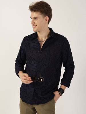 Thomas Scott Men Navy Premium Slim Fit Textured Casual Shirt