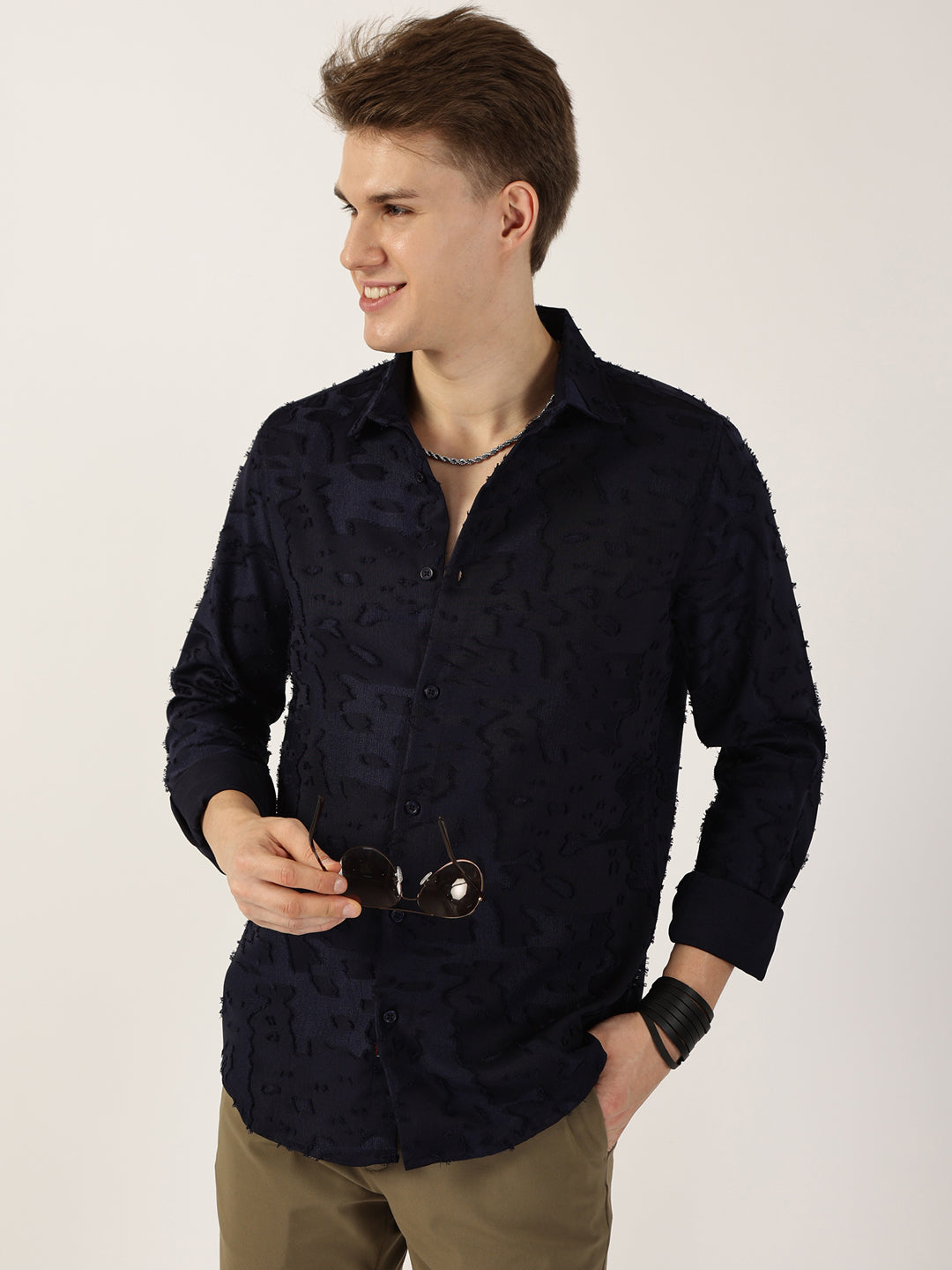 Thomas Scott Men Navy Premium Slim Fit Textured Casual Shirt
