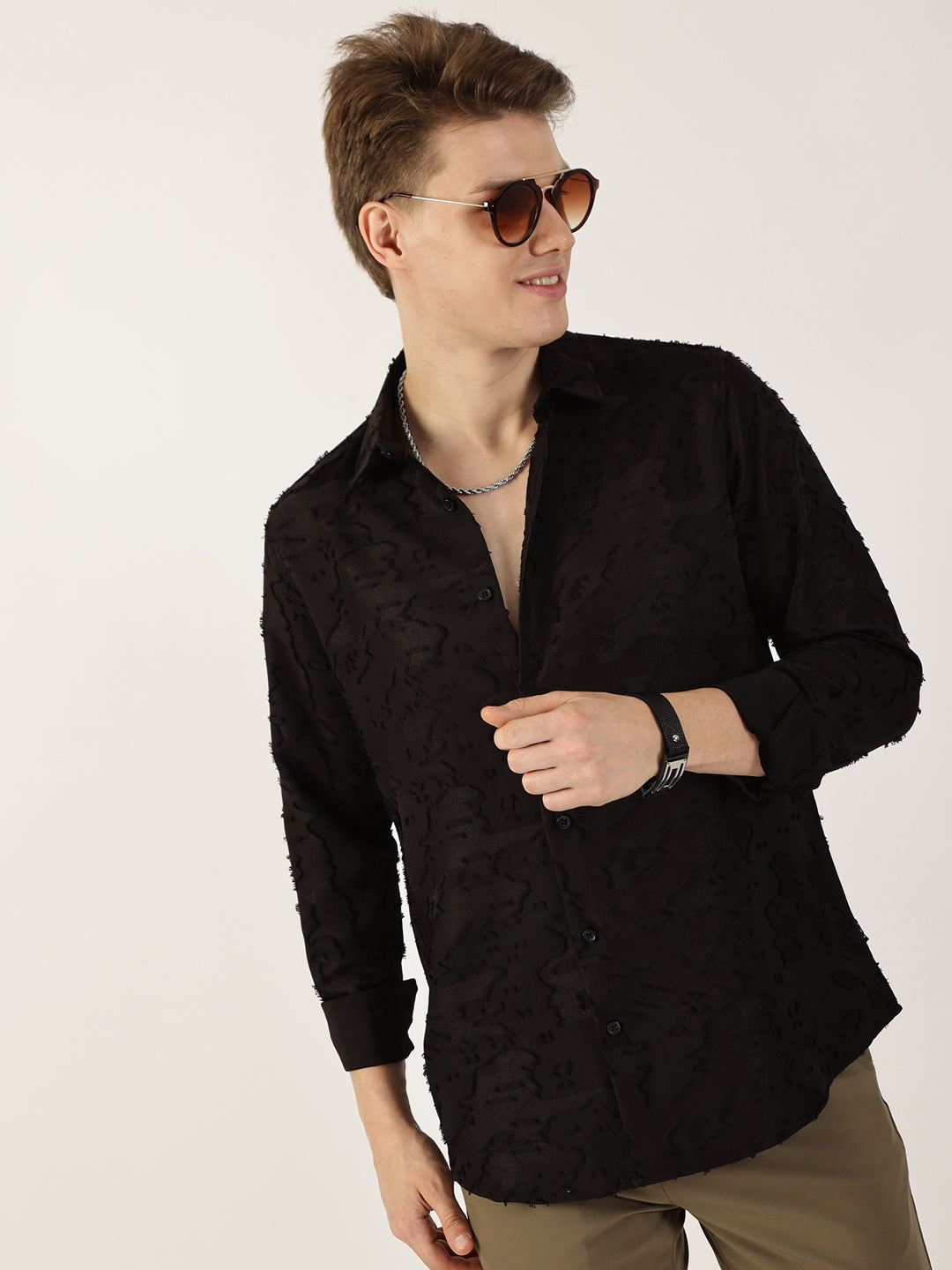 Thomas Scott Men Black Premium Slim Fit Textured Casual Shirt