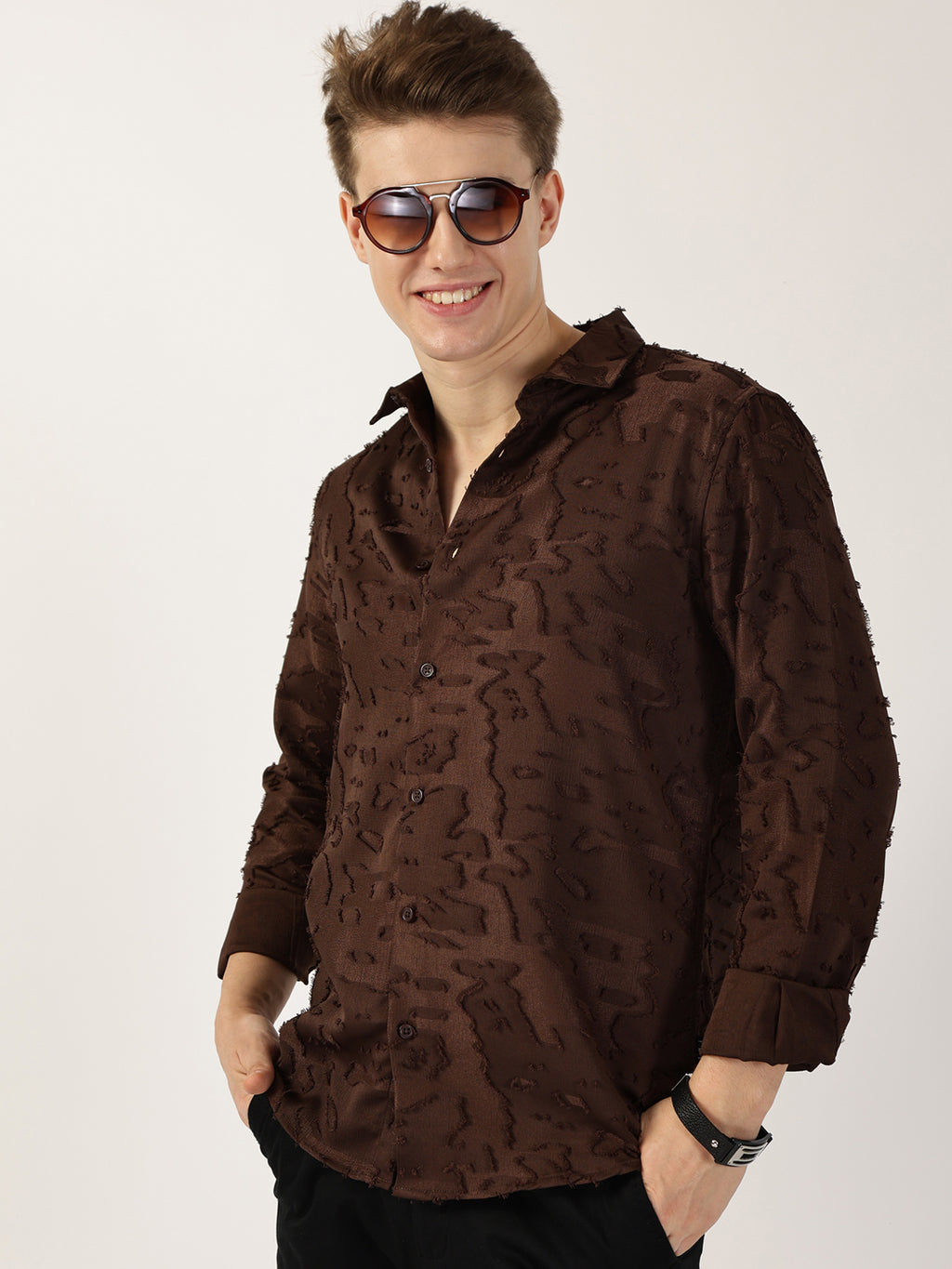 Thomas Scott Men Brown Premium Slim Fit Textured Casual Shirt