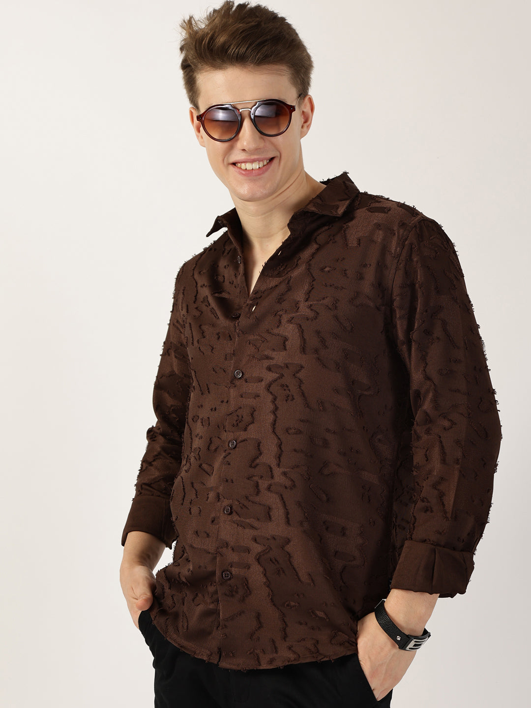 Thomas Scott Men Brown Premium Slim Fit Textured Casual Shirt