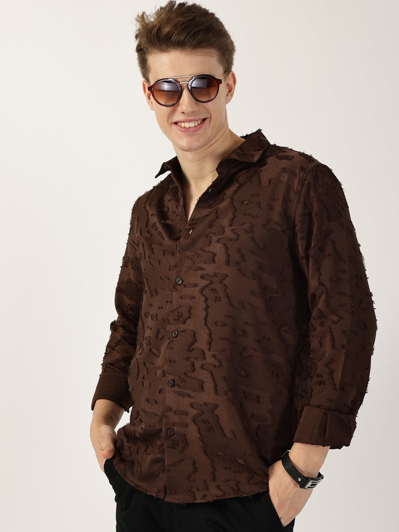 Thomas Scott Men Brown Premium Slim Fit Textured Casual Shirt