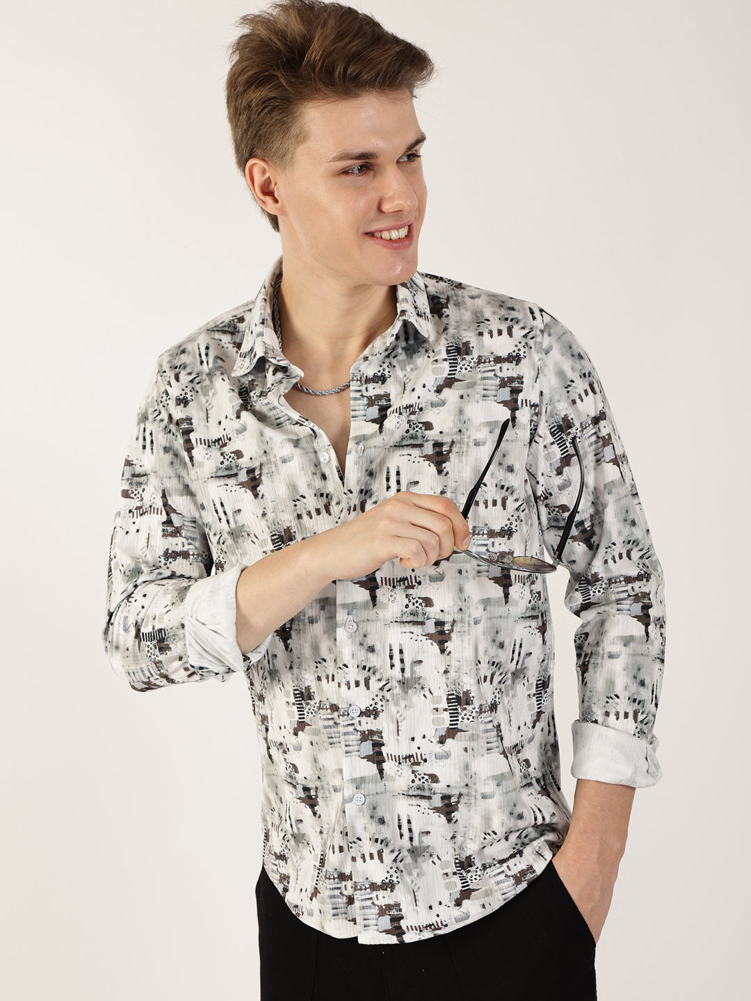 Thomas Scott Men Brown Premium Abstract Printed Casual Shirt