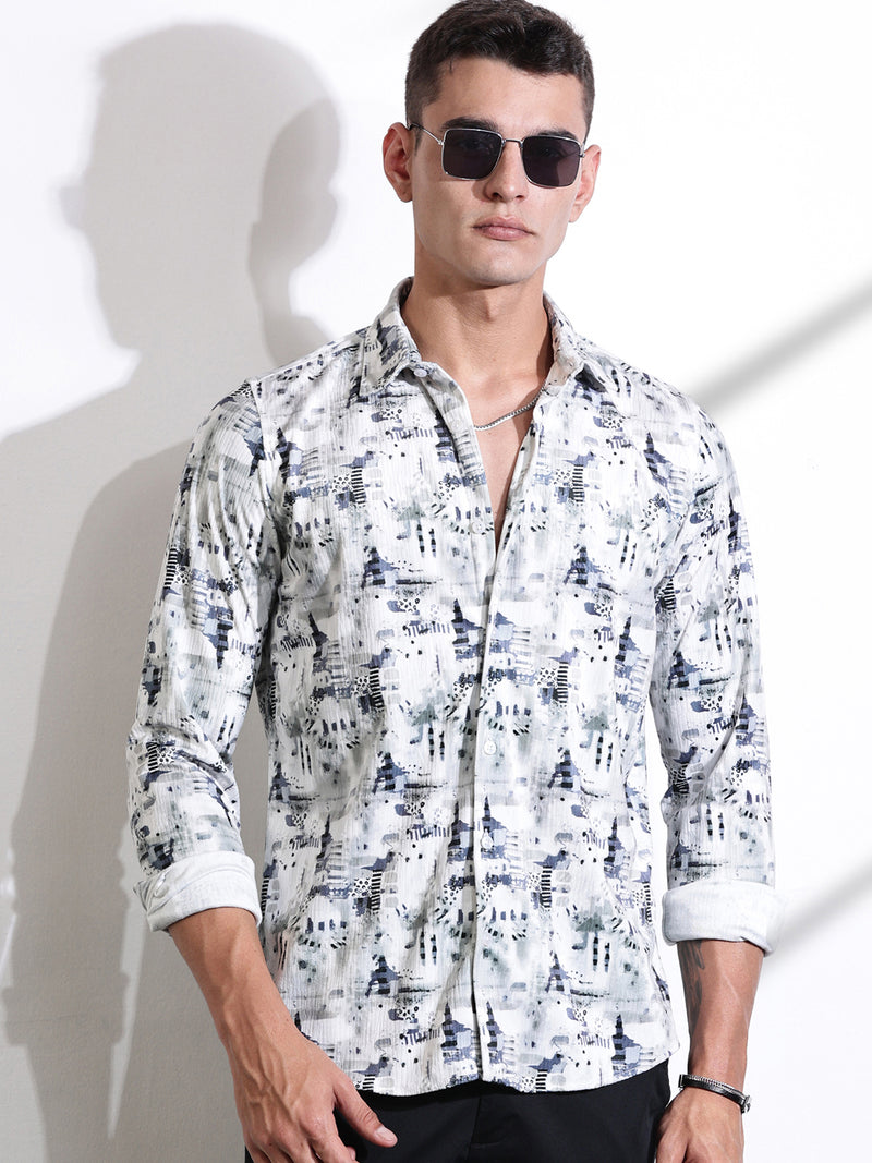Thomas Scott Men Grey Premium Abstract Printed Casual Shirt