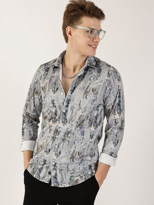 Thomas Scott Men Grey Premium Abstract Printed Casual Shirt