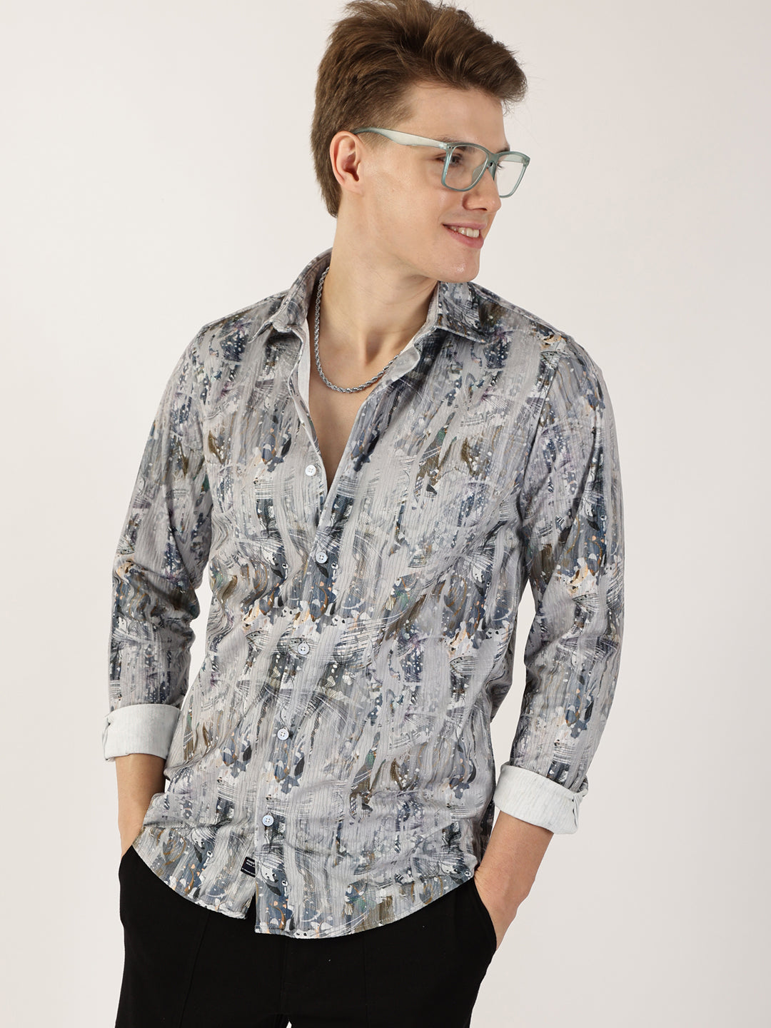 Thomas Scott Men Grey Premium Abstract Printed Casual Shirt