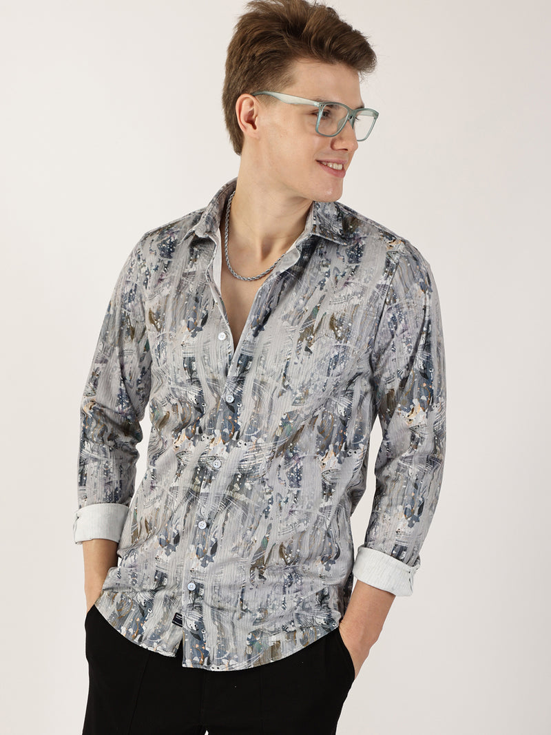 Thomas Scott Men Grey Premium Abstract Printed Casual Shirt