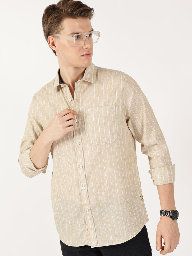 Thomas Scott Men Khaki Regular Fit Linen Casual Shirt