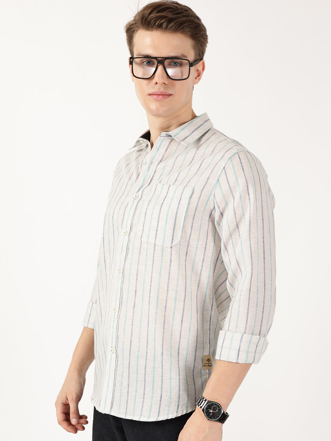 Thomas Scott Men Navy Regular Fit Linen Casual Shirt