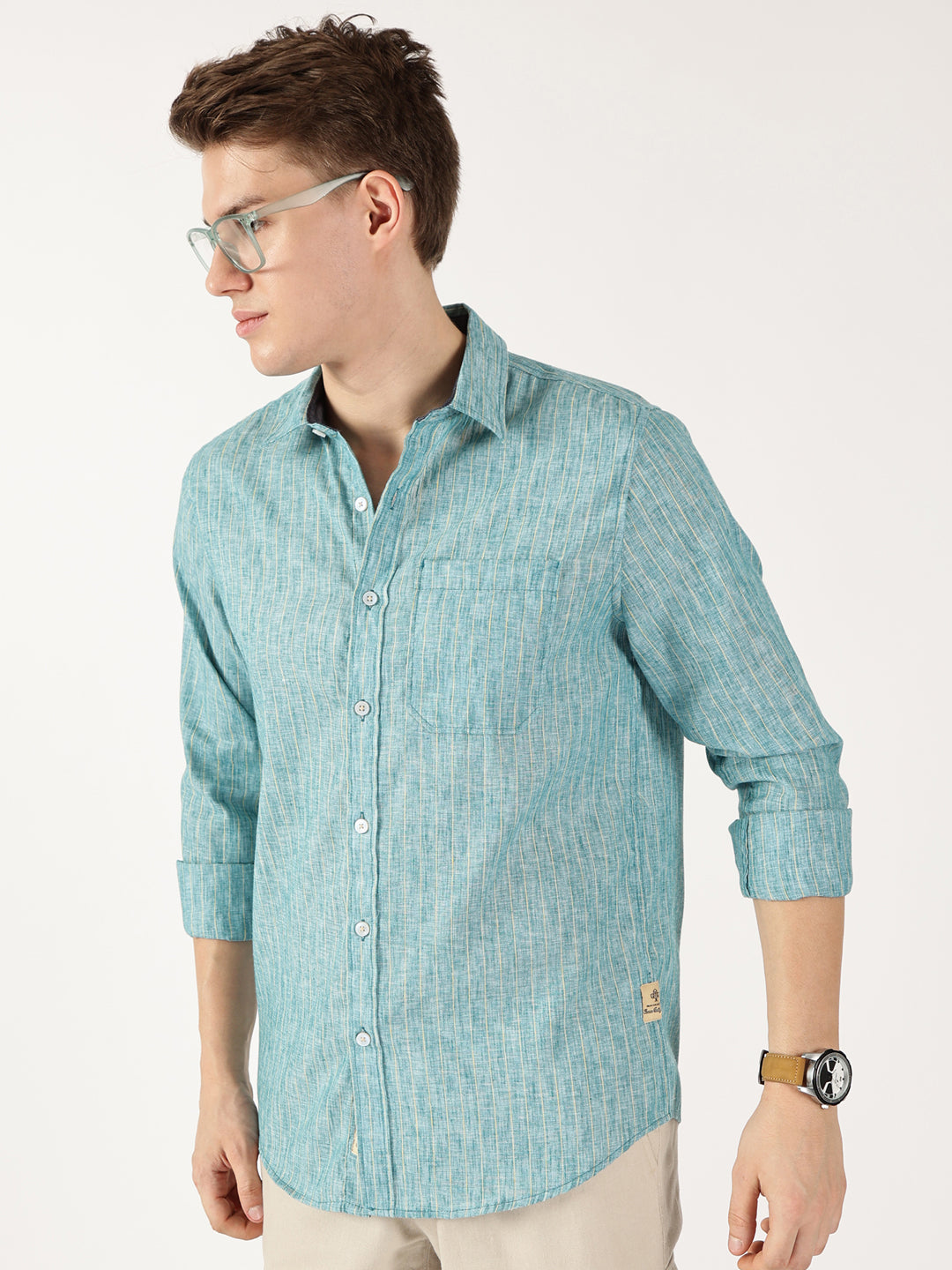 Thomas Scott Men Green Regular Fit Linen Casual Shirt