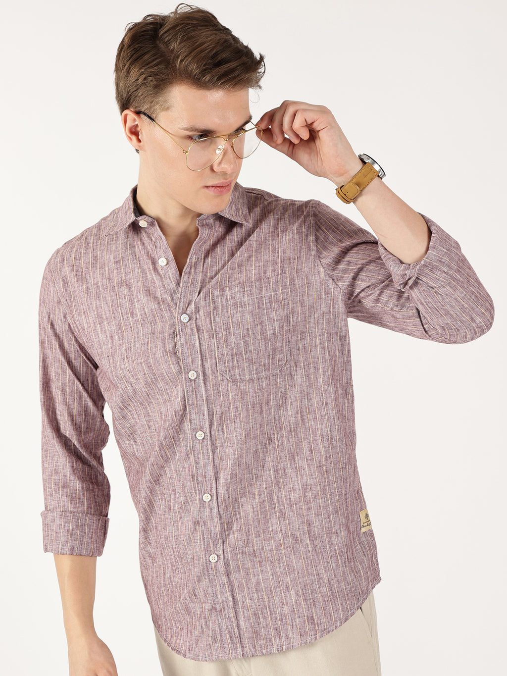 Thomas Scott Men Mauve Regular Fit Linen Casual Shirt