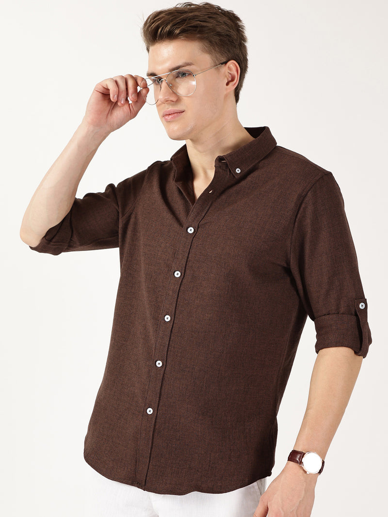 Thomas Scott Men Brown Slim Fit Long Sleeves Button-Down Collar Polyester Casual Shirt