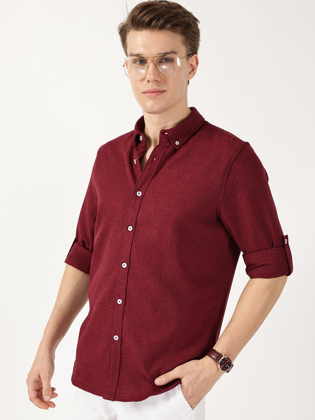Thomas Scott Men Maroon Slim Fit Long Sleeves Button-Down Collar Polyester Casual Shirt