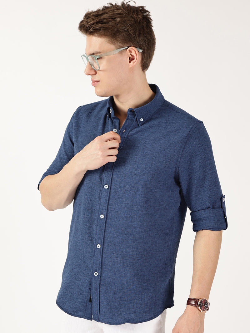 Thomas Scott Men Midnight Blue Slim Fit Long Sleeves Button-Down Collar Polyester Casual Shirt