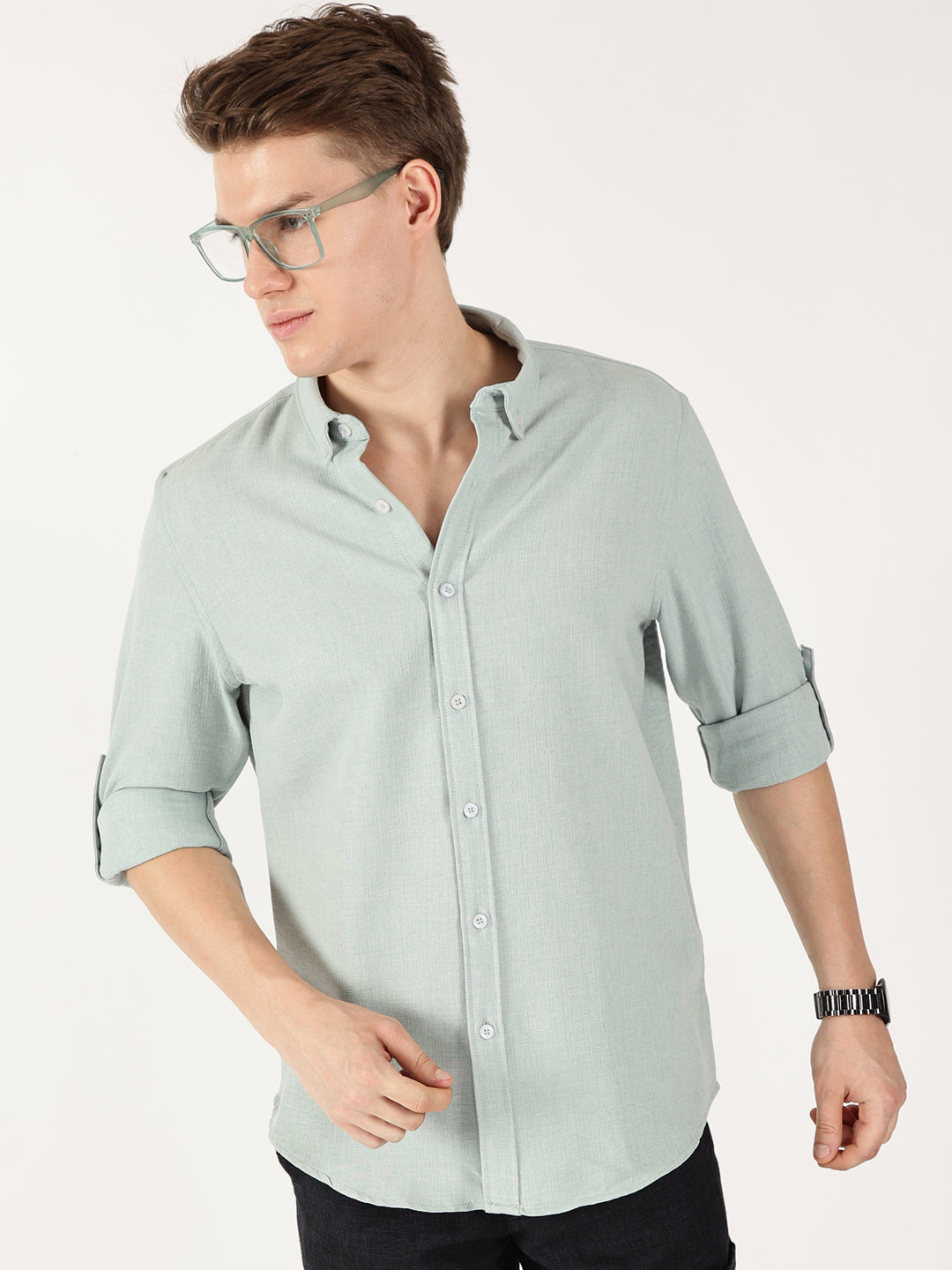 Thomas Scott Men Olive Slim Fit Long Sleeves Button-Down Collar Polyester Casual Shirt
