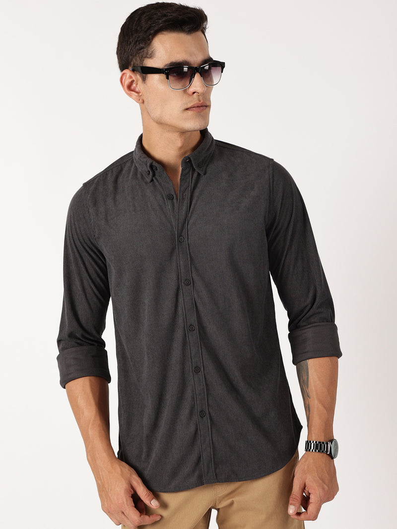 Thomas Scott Men Dark Grey Premium Slim Fit Corduroy Casual Shirt