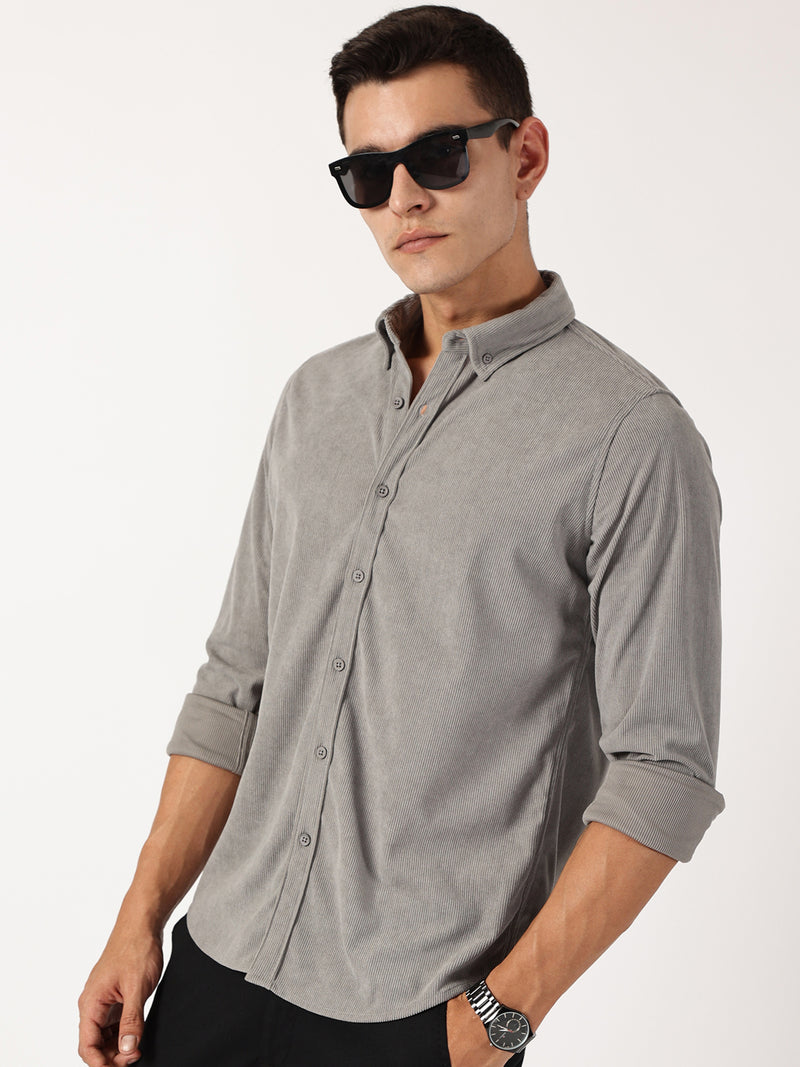 Thomas Scott Men Grey Premium Slim Fit Corduroy Casual Shirt