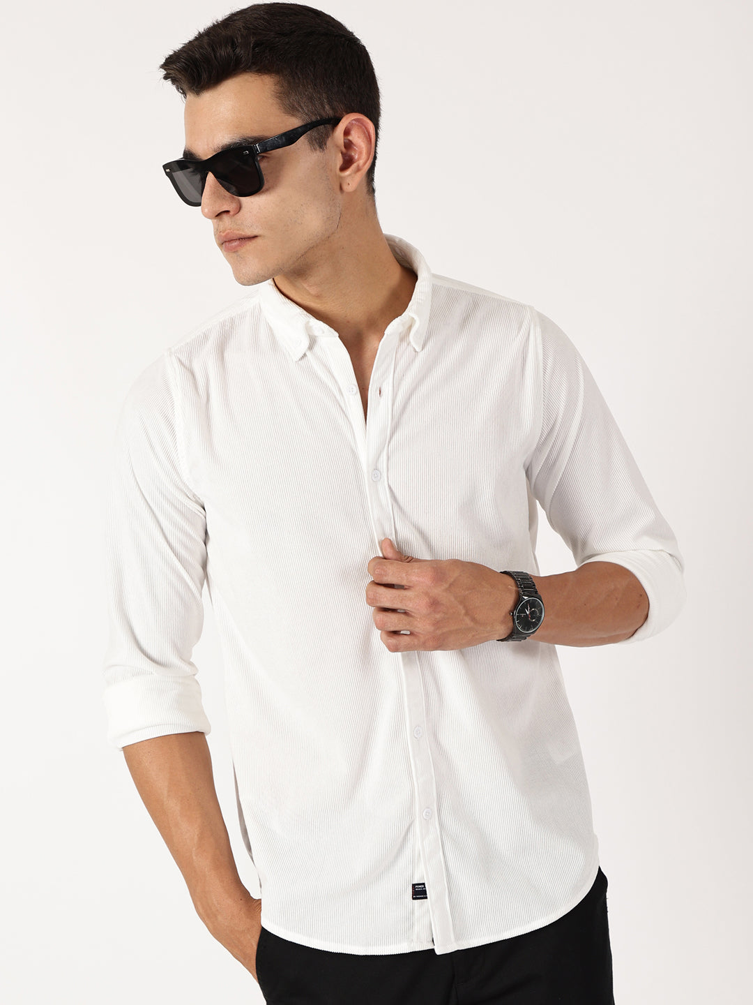 Thomas Scott Men White Premium Slim Fit Corduroy Casual Shirt