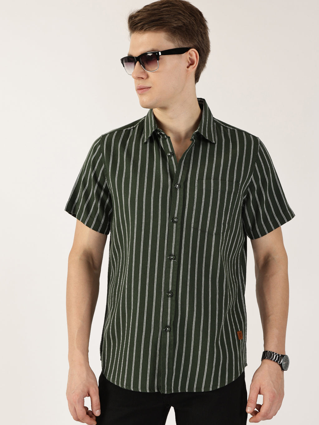 Thomas Scott Men Bottle Green Classic Slim Fit Striped Cotton Casual Shirt