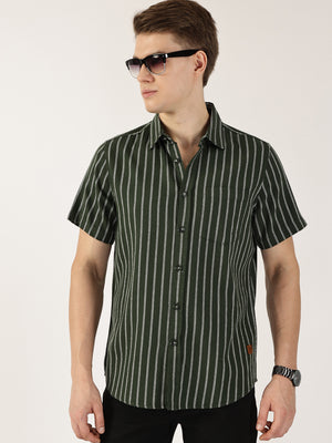 Thomas Scott Men Bottle Green Classic Slim Fit Striped Cotton Casual Shirt