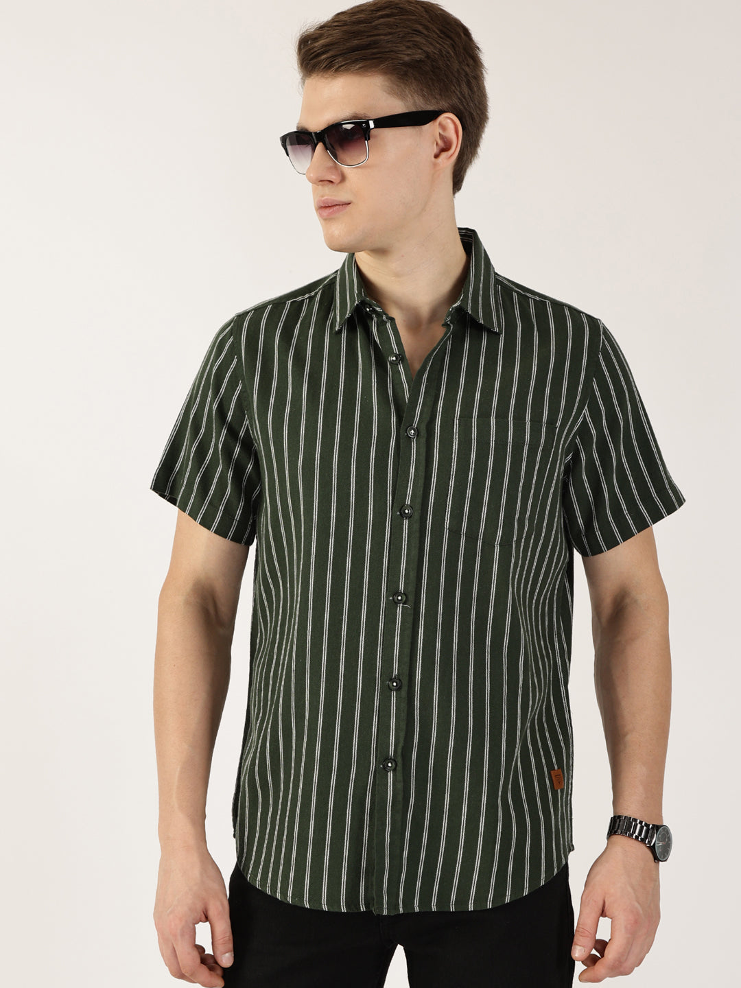 Thomas Scott Men Bottle Green Classic Slim Fit Striped Cotton Casual Shirt