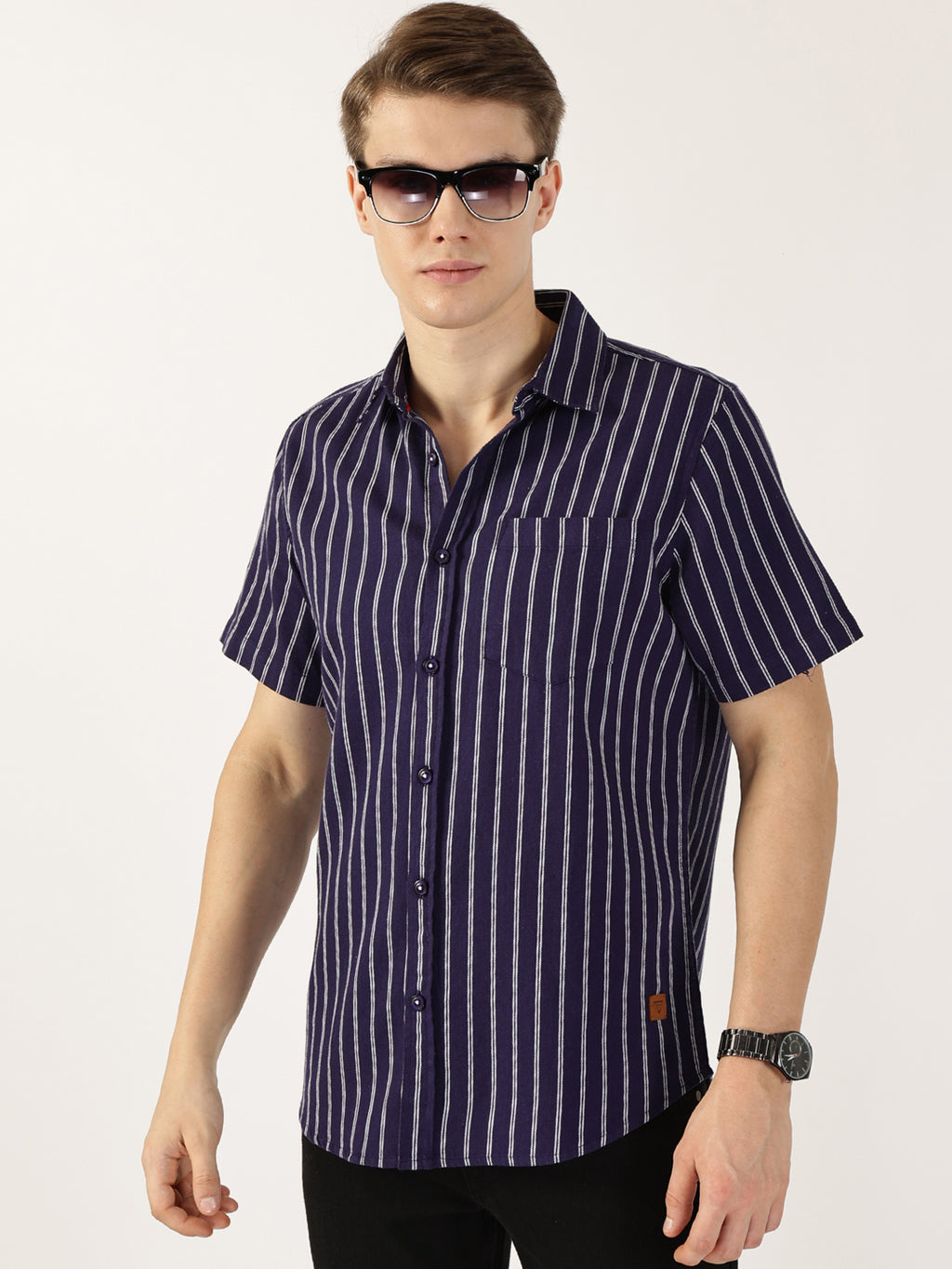 Thomas Scott Men Dark Blue Classic Slim Fit Striped Cotton Casual Shirt