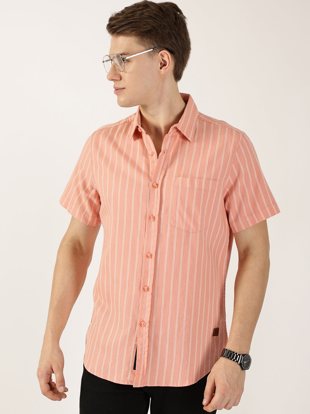 Thomas Scott Men Pink Classic Slim Fit Striped Cotton Casual Shirt